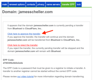 Bluehost confirm epp domain transfer