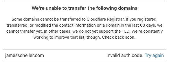 Cloudflare Domain Invalid Auth Code