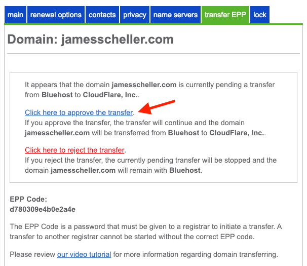 Bluehost confirm epp domain transfer